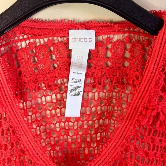 Chico’s Womens Crocheted Swim Beach Knit Cover Up Cherry Red VNeck Pullover OS - Picture 2 of 5